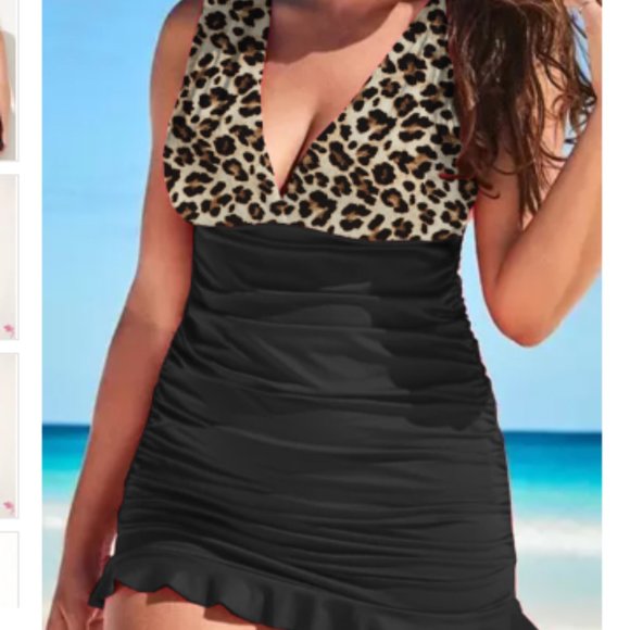 Black Plus Size Leopard Print Ruched Ruffle V Neck One-piece Swimsuit - Picture 1 of 12